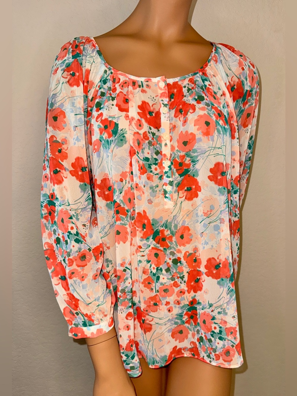 LC Lauren Conrad Sheer Floral Peasant Blouse Boho Cottagecore L